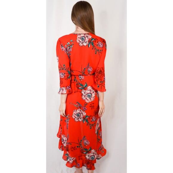 The haute project Medium boho peasant floral high low wrap dress coral red EUC - Picture 2 of 11